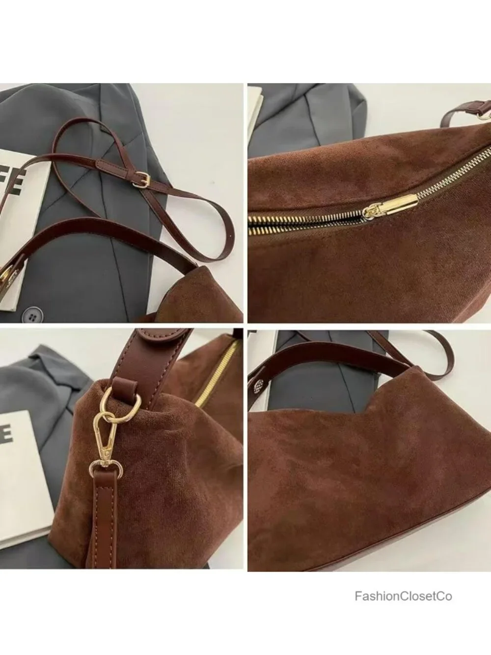 Faux Suede Slouchy Hobo Bag Crossbody Shoulder Tote Purse